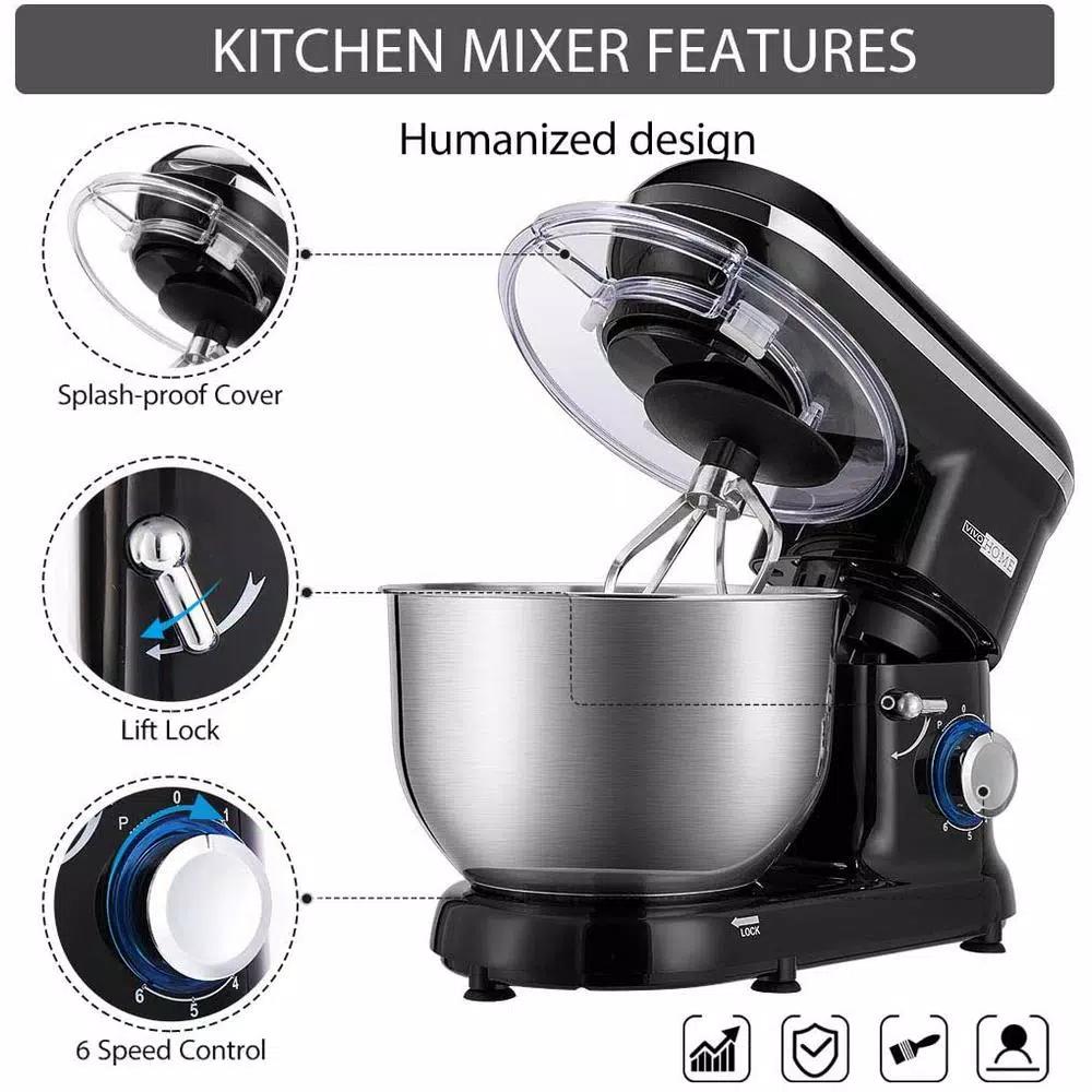 VIVOHOME 650W 6 Qt. Tilt-Head Kitchen Stand Mixer with 6 Speeds and Stainless Steel Bowl, Black