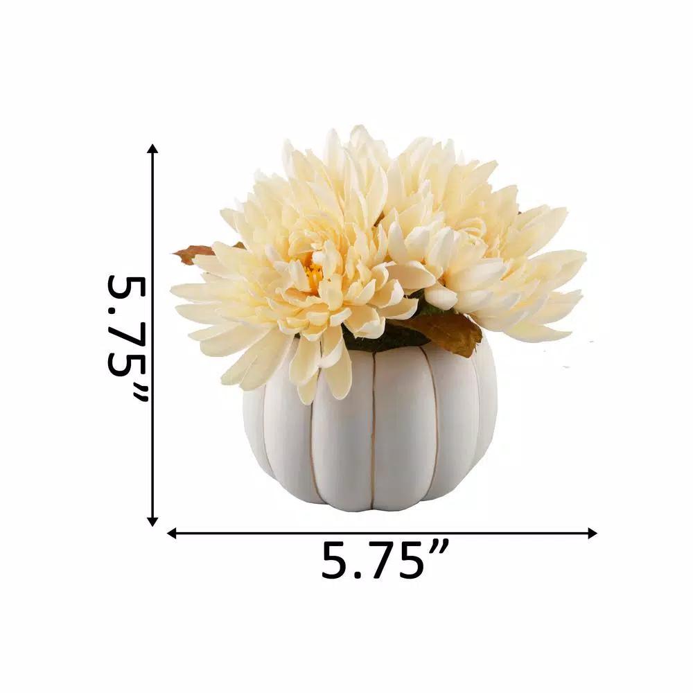 Flora Bunda 5.75 in. Cream White Faux Chrysanthemum Arrangement in Ceramic Pumpkin Pot with Gold Trim