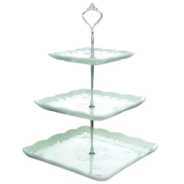 MALACASA 3-Tiered Green Porcelain Square Cupcake Tower Stand - 14.5 in. Dessert Serving Tray