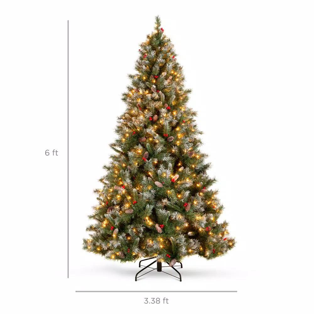Best Choice Products 6 ft. Pre-Lit Flocked Artificial Christmas Tree with 250 Warm White Lights, Berries & Pinecones