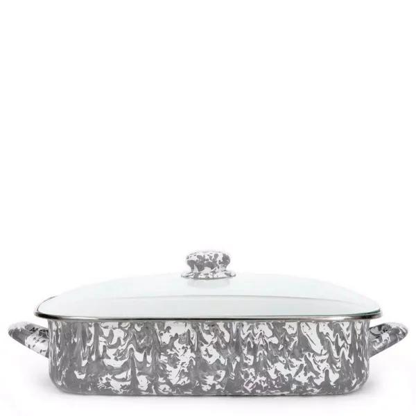 Golden Rabbit Grey Swirl 10.5 qt. Porcelain Enamelware Roasting Pan with Glass Lid