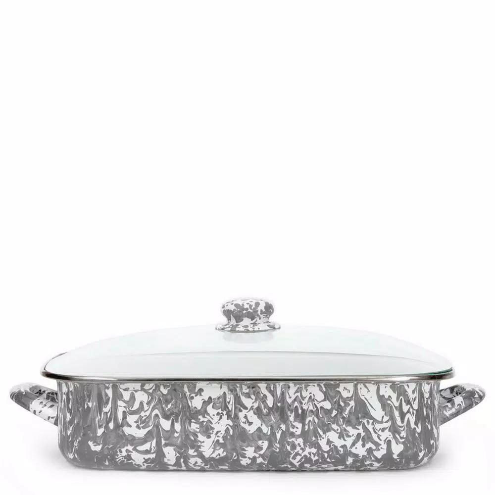 Golden Rabbit Grey Swirl 10.5 qt. Porcelain Enamelware Roasting Pan with Glass Lid