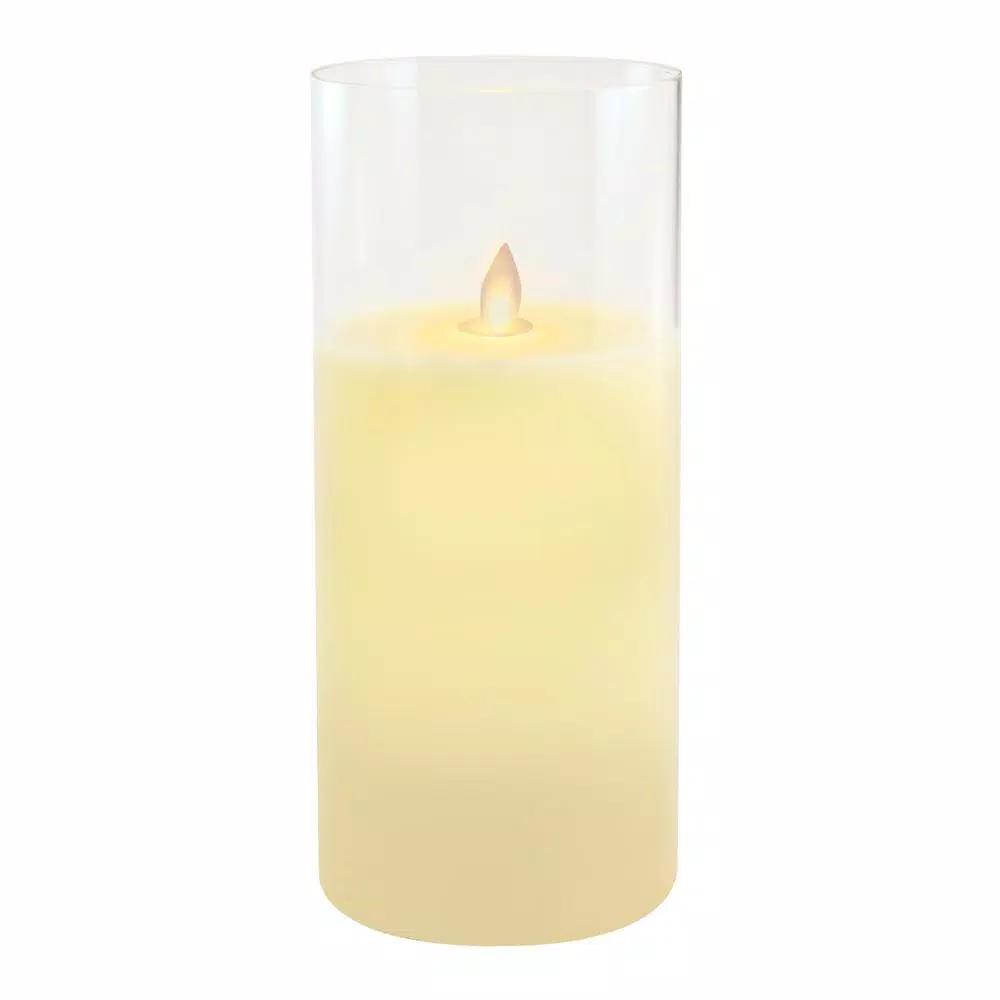 LUMABASE 10 in. Glass Hurricane LED Flameless Candle with Moving Flame, Battery Operated