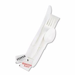 GEN White Wrapped Cutlery Kit with Napkin, Salt & Pepper - 250 Count Case thumbnail 1
