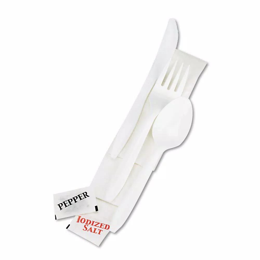 GEN White Wrapped Cutlery Kit with Napkin, Salt & Pepper - 250 Count Case