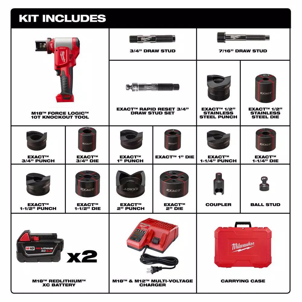 Milwaukee M18 FORCE LOGIC 10 Ton Cordless Knockout Tool Kit with 1/2"-2" Die Set & 3.0 Ah Batteries