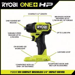 RYOBI ONE+ HP 18V Brushless Cordless Compact 3-Tool Combo Kit (Drill/Driver, Impact Driver, Impact Wrench) thumbnail 4