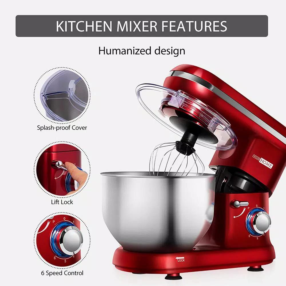 VIVOHOME 6 Qt. Electric Stand Mixer, 650W 6-Speed Tilt-Head Mixer with Stainless Steel Bowl and Accessories, Bright Red