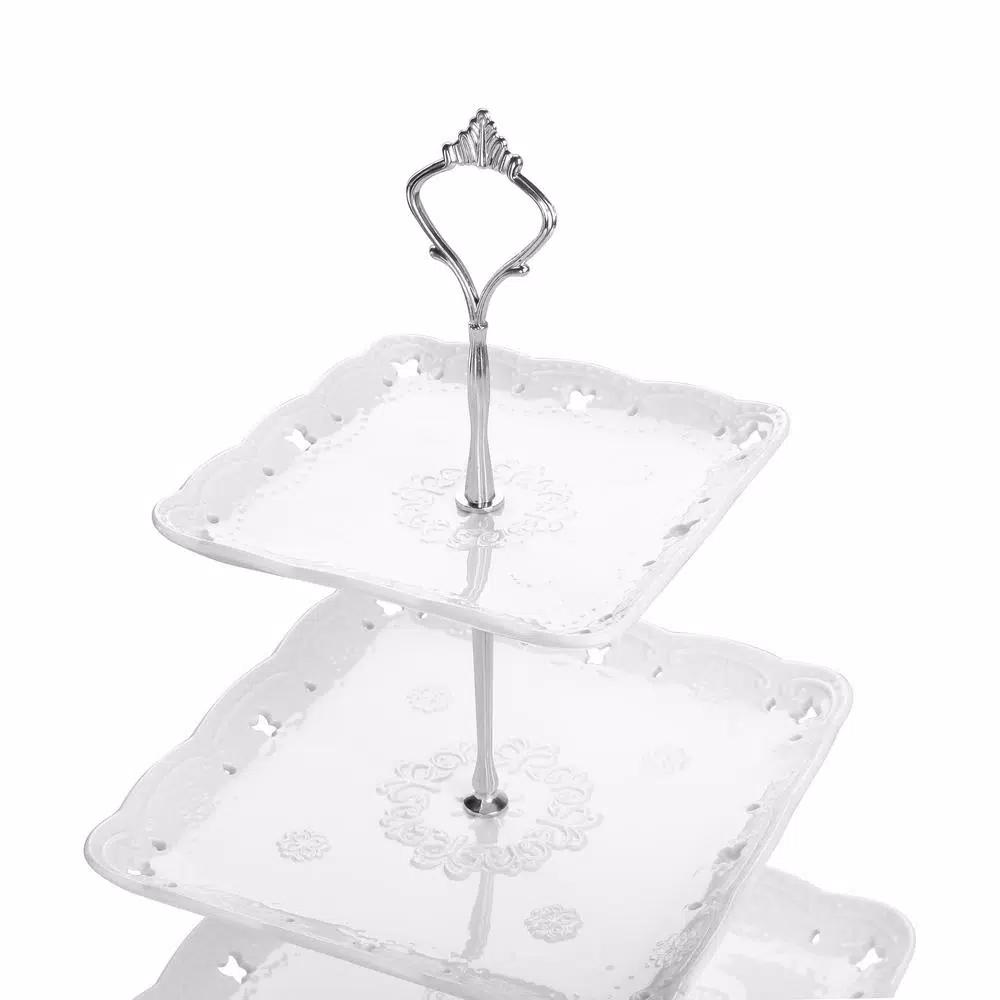 MALACASA 3-Tiered White Porcelain Square Cupcake Tower Stand - Elegant Dessert Serving Tray