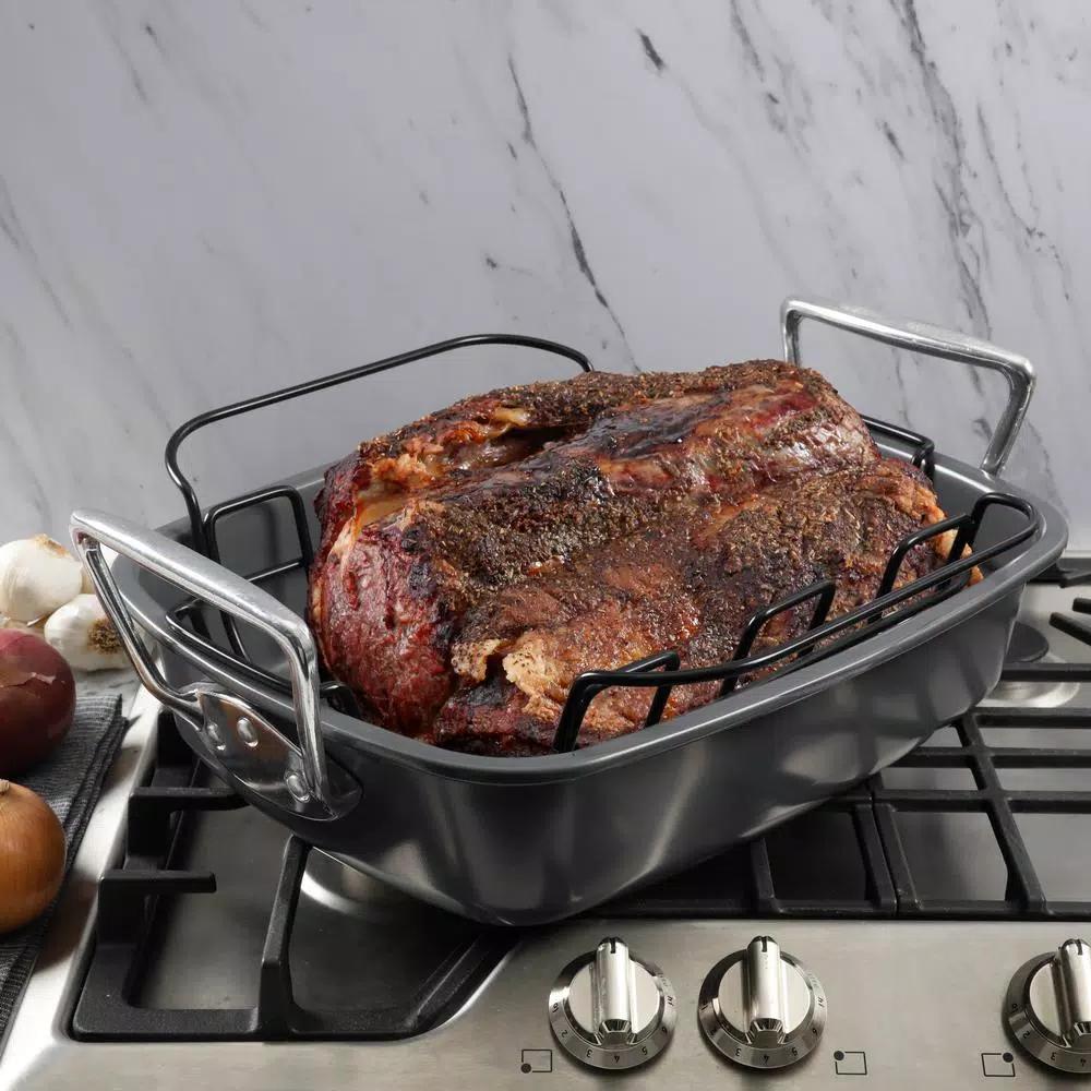 Kenmore Travers 2-Piece Non-Stick Steel Roasting Pan Set with Rack, 16.35 Qt, Gray