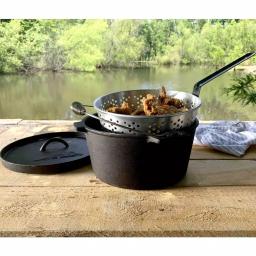 Bayou Classic 14 qt. Round Cast Iron Dutch Oven Set with Flanged Lid and Aluminum Fryer Basket, Black thumbnail 2