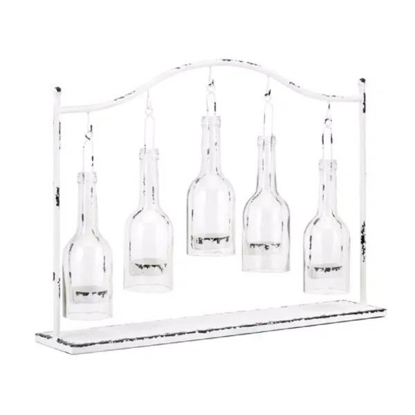IMAX Persey 5-Votive Glass Bottle Hurricane Candle Holder, Distressed White Iron