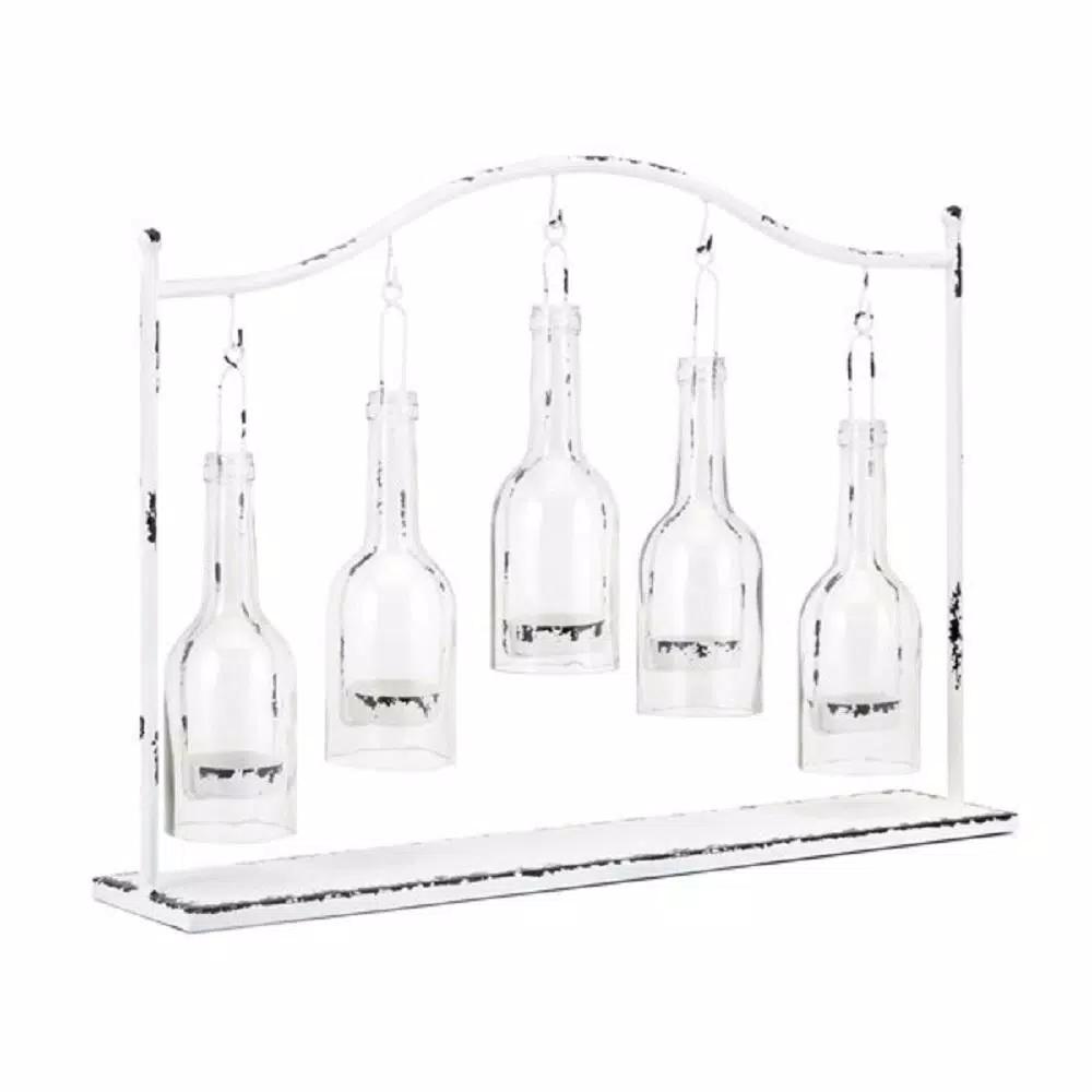 IMAX Persey 5-Votive Glass Bottle Hurricane Candle Holder, Distressed White Iron