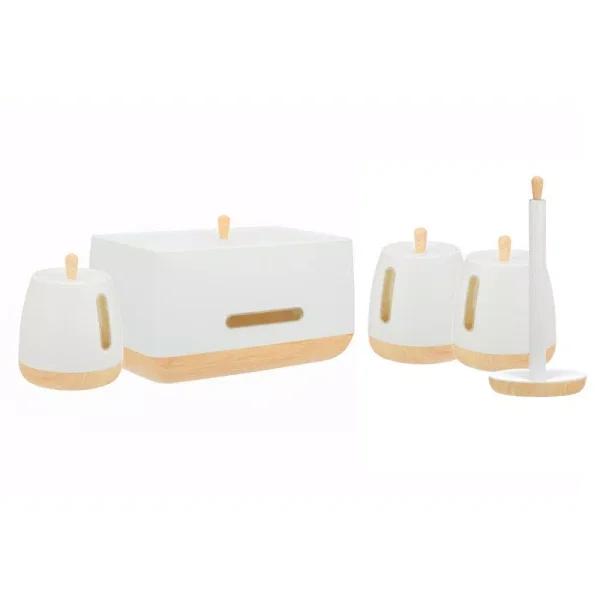 Jiallo European Collection 5-Piece Kitchen Storage Set - White Plastic Canisters & Bread Box