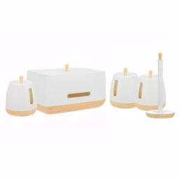 Jiallo European Collection 5-Piece Kitchen Storage Set - White Plastic Canisters & Bread Box thumbnail 1