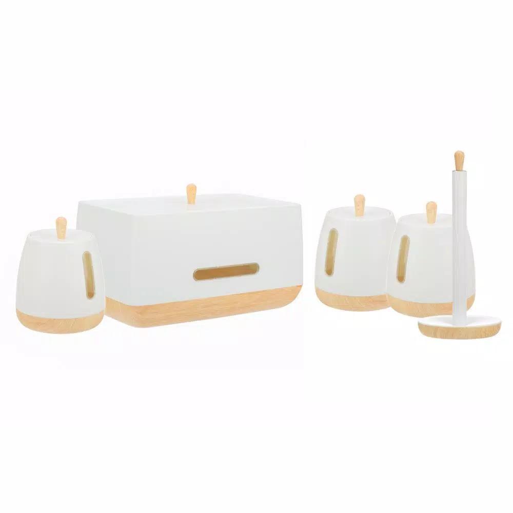 Jiallo European Collection 5-Piece Kitchen Storage Set - White Plastic Canisters & Bread Box