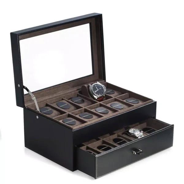 Bey-Berk Weston Black Pebbled Leather 20 Watch Case with Glass Display Top and Drawer