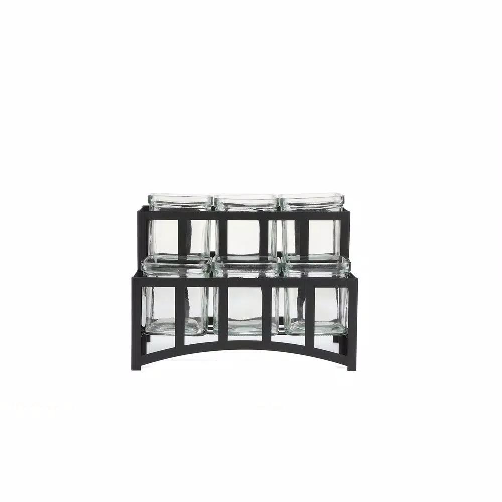 Mind Reader 6-Compartment 2-Tier Black Metal Condiment Server with 6 Removable 8 oz. Glass Jars