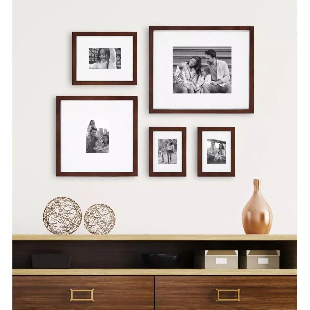 DesignOvation Gallery 13 x 16 in. Walnut Brown Wood Picture Frame with White Mat for 8 x 10 in. Photos