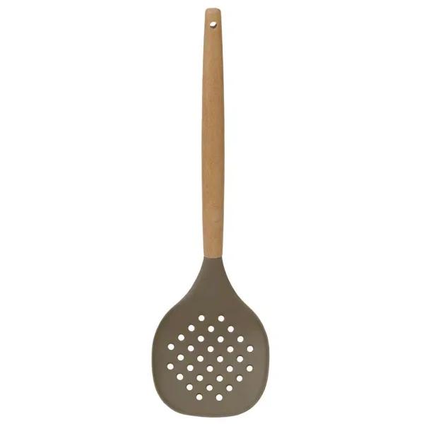 Home Basics Karina Silicone Skimmer with Natural Beech Wood Handle, Heat Resistant & Non-Stick Safe, Grey