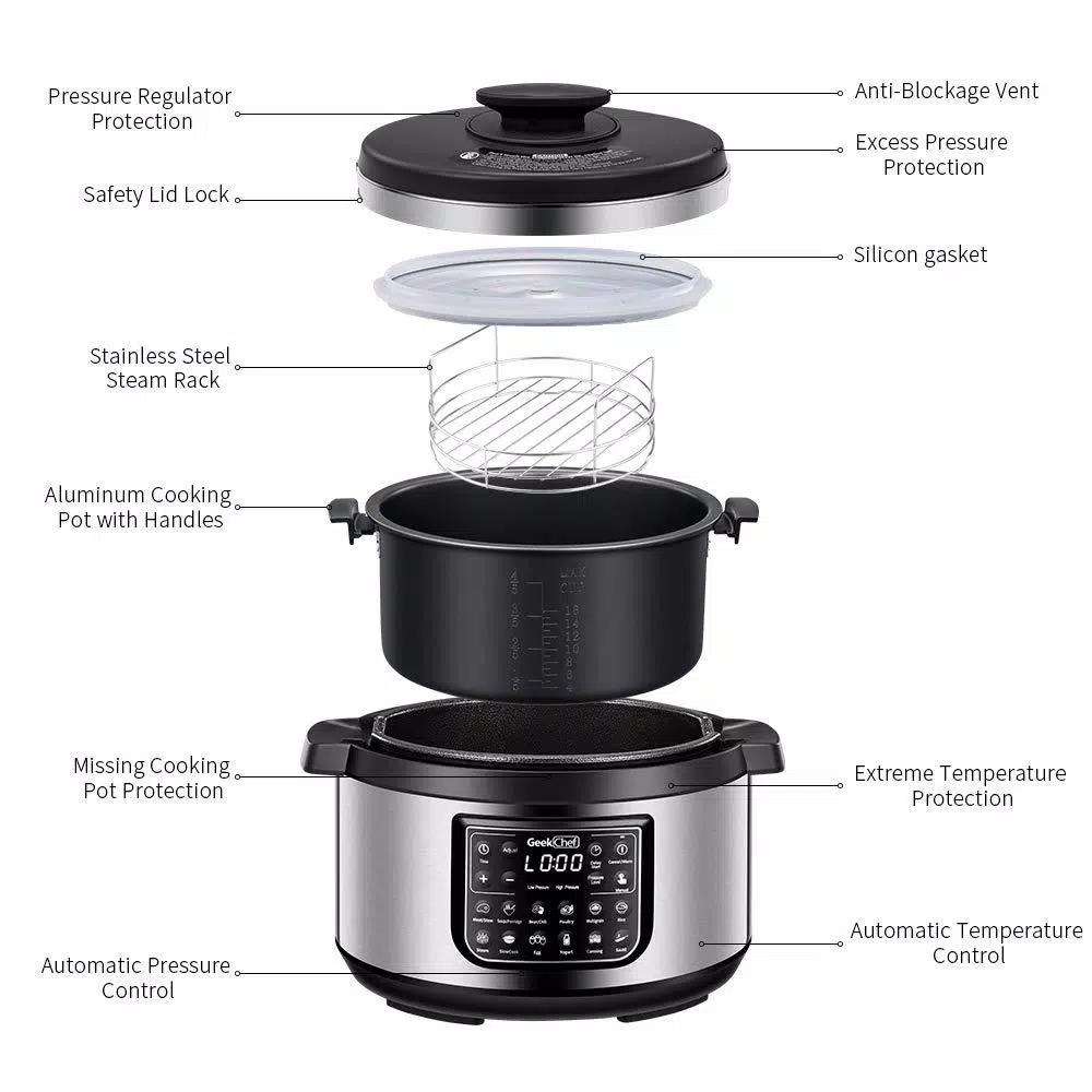 Boyel Living Geek Chef 8 Qt. Stainless Steel 12-in-1 Programmable Electric Pressure Cooker with Oval Non-Stick Pot