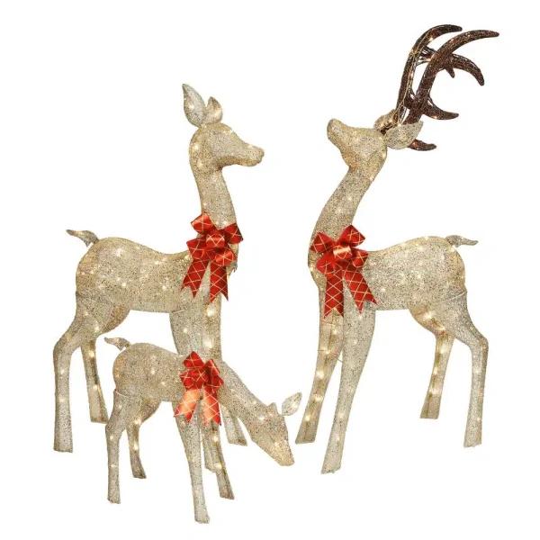 Puleo International Set of 3 Pre-Lit Deer Family Sculpture with Warm White LED Lights