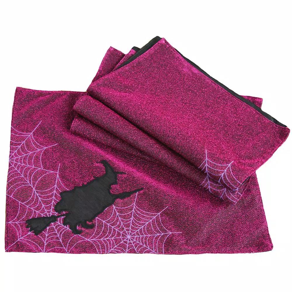Xia Home Fashions Witching Hour Halloween Placemats, Witch Silhouette & Spider Web Design, Set of 4