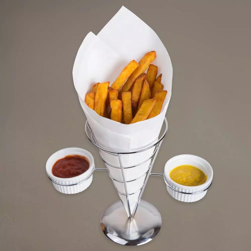 Creative Home Chrome Iron Wire French Fry Serving Set with Single Cone Holder and 2 Ceramic Ramekins