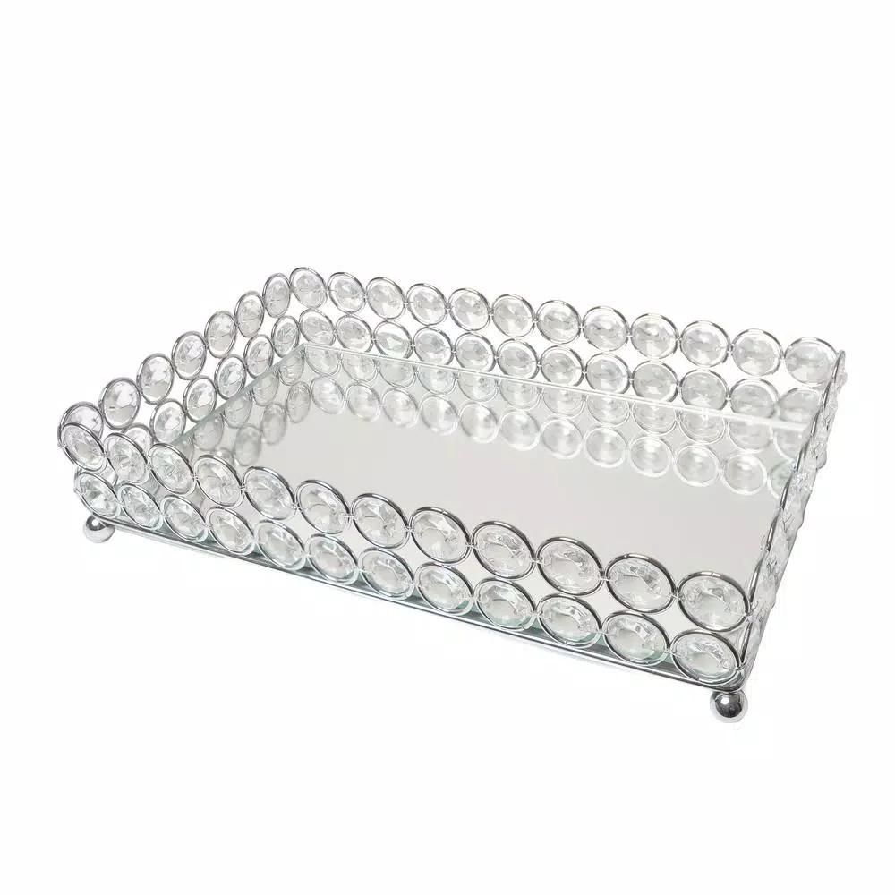Elegant Designs 10.5 in. Chrome Ellipse Crystal Decorative Mirrored Jewelry and Makeup Vanity Organizer Tray