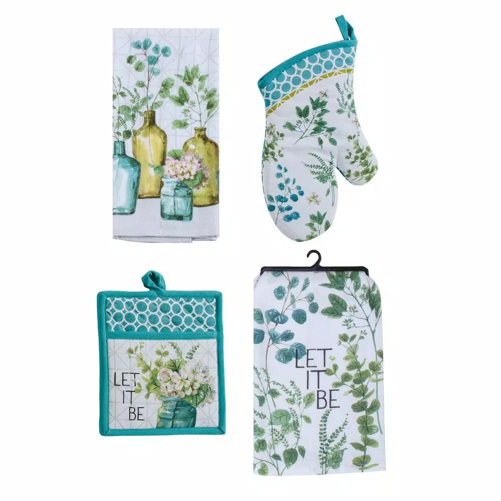 Kay Dee Lisa Audit Greenery Watercolor Cotton Kitchen Textile Set, 4-Piece