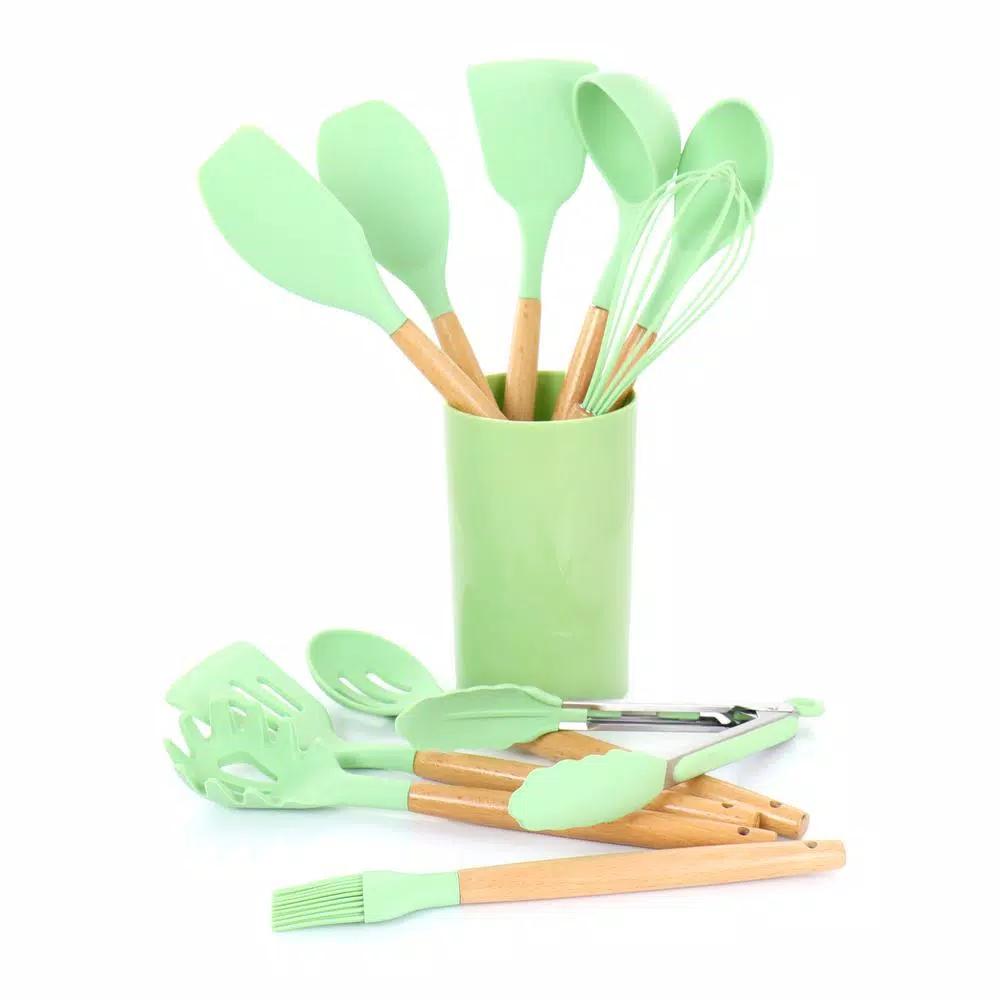 MegaChef 12-Piece Mint Green Silicone and Wood Kitchen Utensil Set