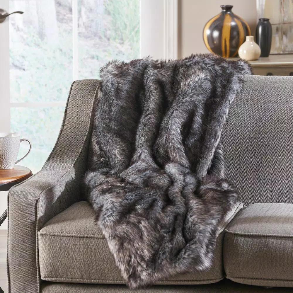 Noble House Warrin Black and White Streak Faux Fur Throw Blanket