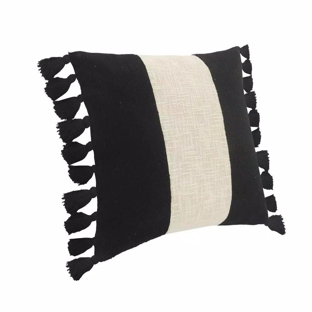 LR Home Trinity Black and Ivory Striped Fringe Throw Pillow, 20 x 20 in.