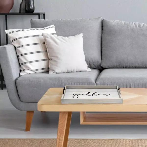 Elegant Designs Gather Gray Wash Decorative Wood Serving Tray with Black Metal Handles