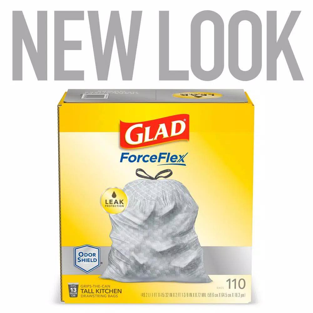 Glad ForceFlex 13 Gallon Tall Kitchen Drawstring Trash Bags, OdorShield, 110 Count