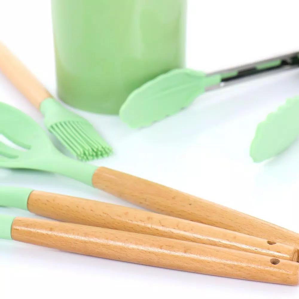 MegaChef 12-Piece Mint Green Silicone and Wood Kitchen Utensil Set