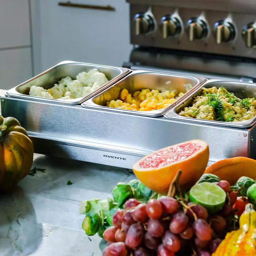 Ovente FW153W 3-Tray Buffet Server with Stand-Alone Warming Tray, Stainless Steel