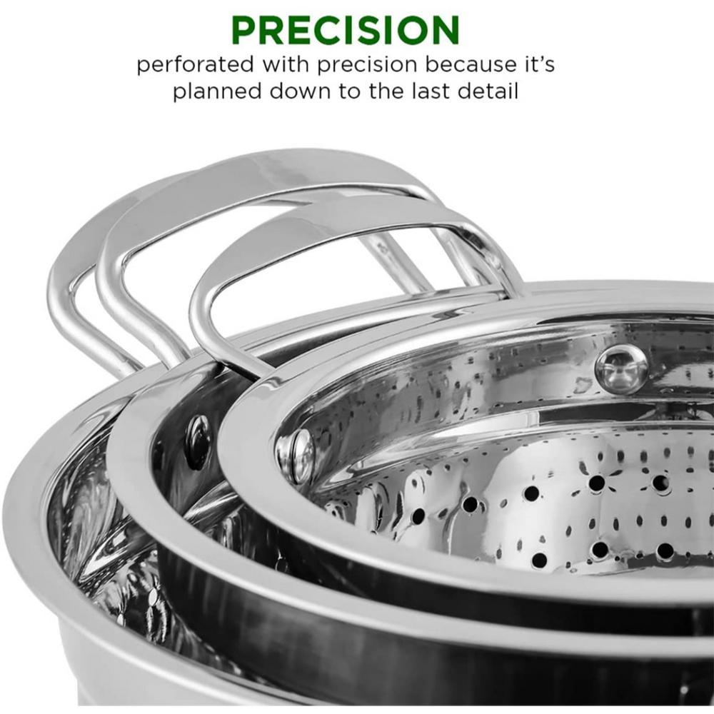 Ovente 3-Piece Stainless Steel Colander Set - 1.5qt, 3qt, 5qt - Dishwasher Safe