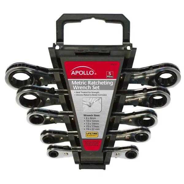 Apollo Metric Ratcheting Wrench Set, 5-Piece Heat Treated Chrome Plated Hand Tool Set