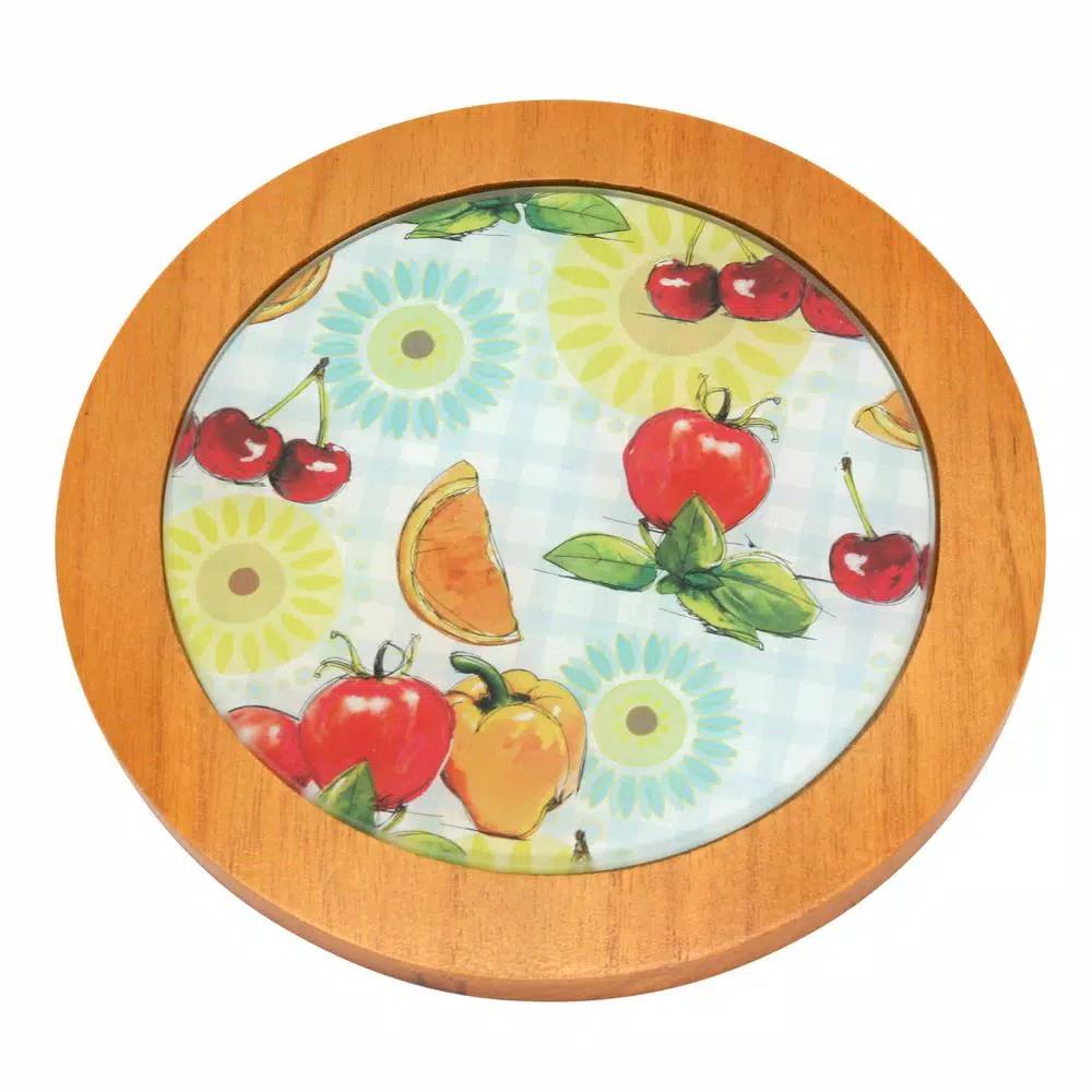 Creative Home 7.5 in. Round Tempered Glass Trivet Serving Board with Solid Wood Trim, Fruit Pattern