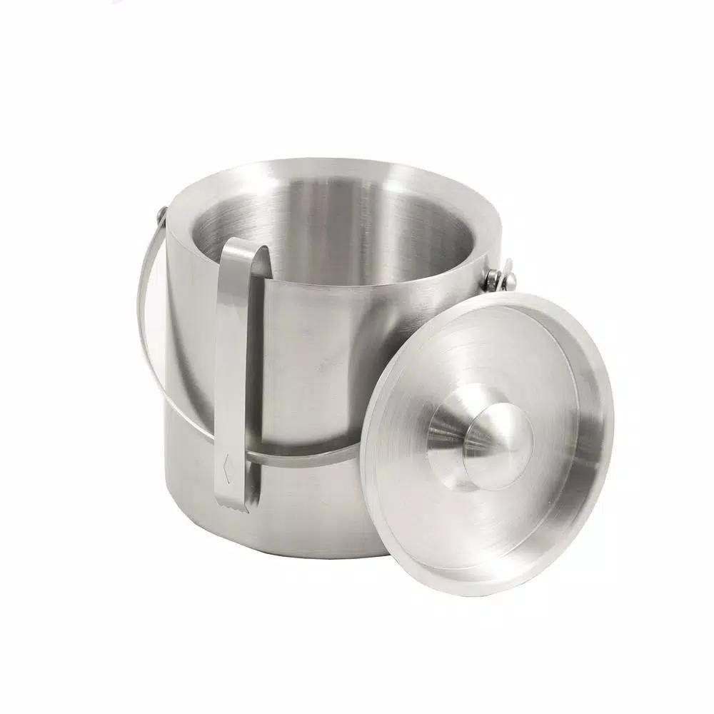 BEY-BERK Classic Stainless Steel 5 Qt. Double Wall Ice Bucket with Lid, Handle, and Ice Tongs