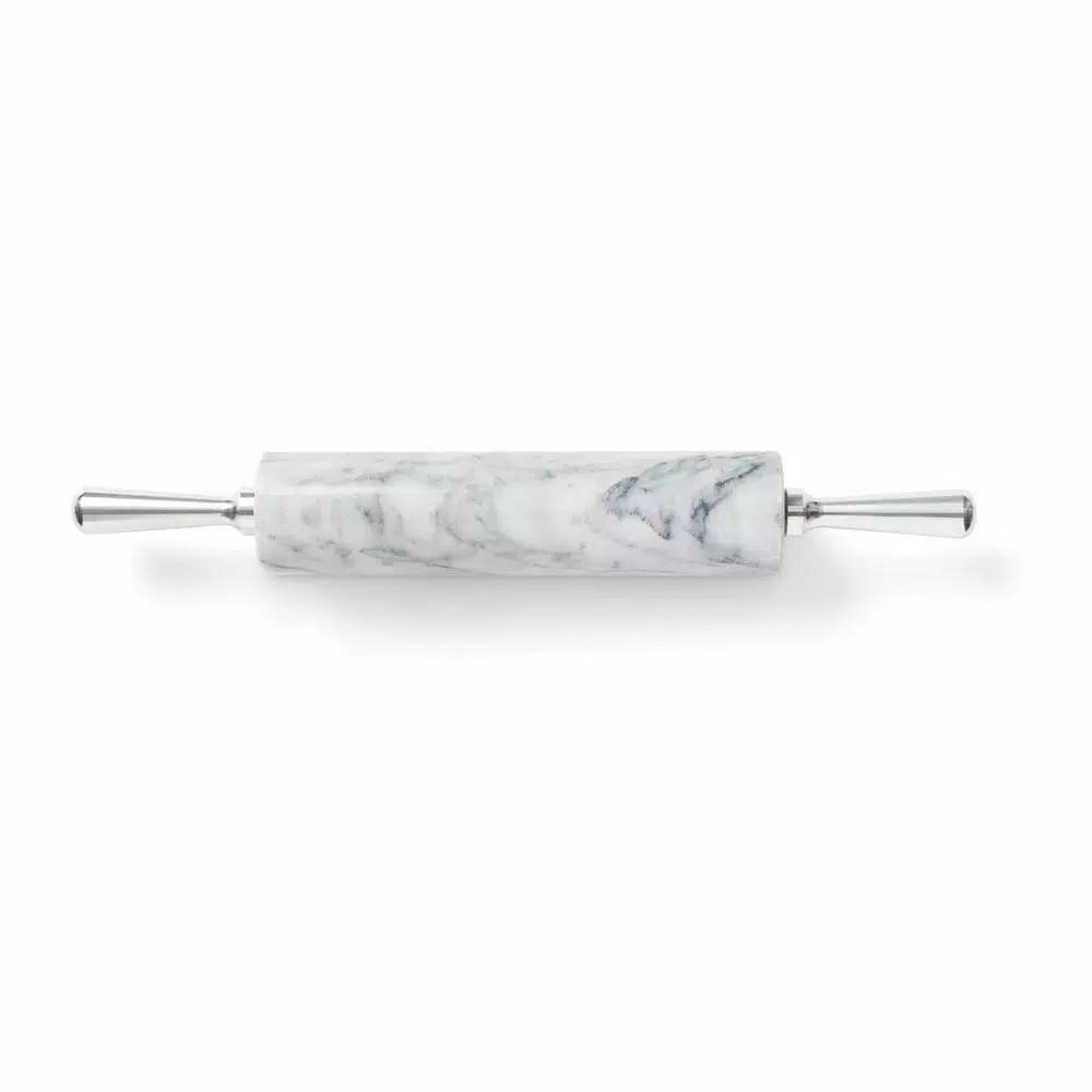 Fox Run White Marble Rolling Pin with Aluminum Handles and Marble Base
