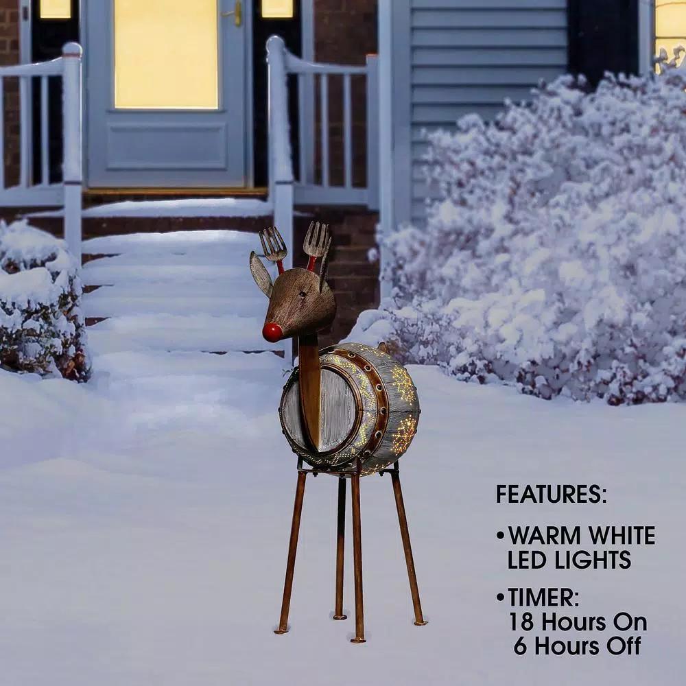 Alpine Corporation 33 in. Metal Barrel Reindeer Sculpture with Warm White LED Lights