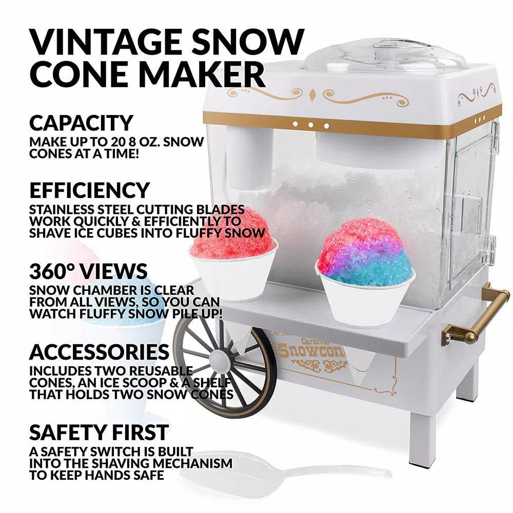 Nostalgia 160 oz. Countertop Snow Cone Maker with Stainless Steel Blades and Reusable Cones - White