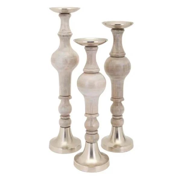 IMAX Trisha Yearwood Nightingale Mango Wood Hurricane Candle Holder Set of 3, Gray