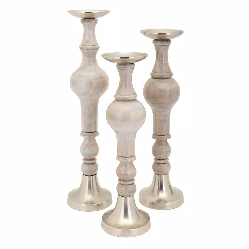 IMAX Trisha Yearwood Nightingale Mango Wood Hurricane Candle Holder Set of 3, Gray