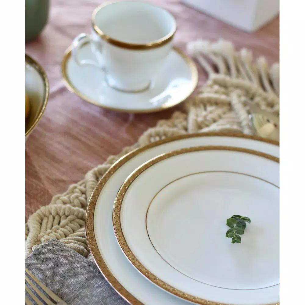Noritake Charlotta Gold White Porcelain 60 Piece Dinnerware Set, Service for 12