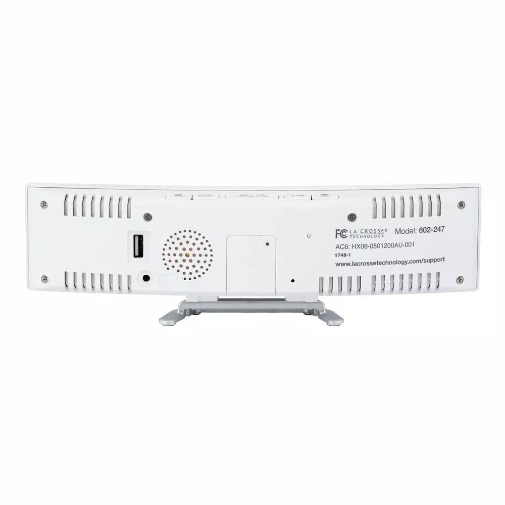 La Crosse Technology White Curved Digital Alarm Clock with Mirrored LED Display, Temperature, Humidity, and USB Charging Port
