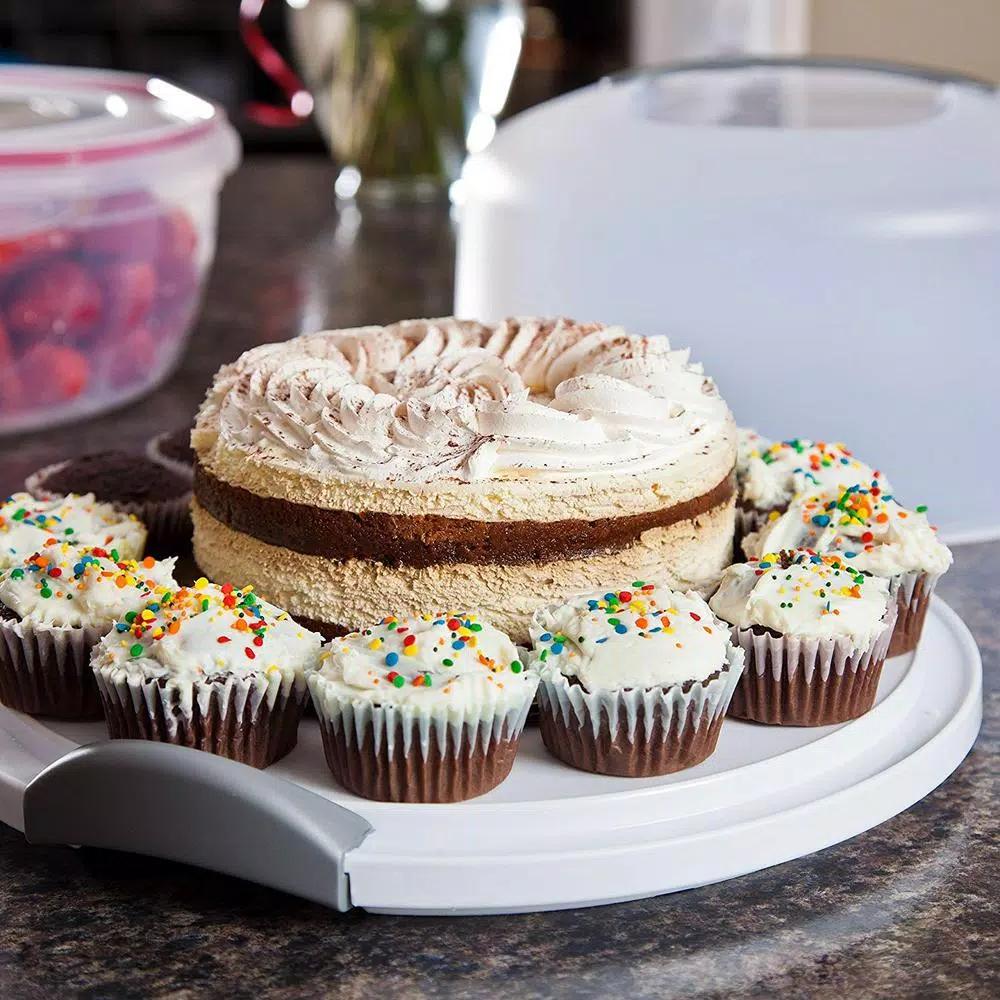 LavoHome 3-Layer Cake and Cupcake Carrier Storage Container with Server, 13.5 in. Translucent Dome, White/Gray