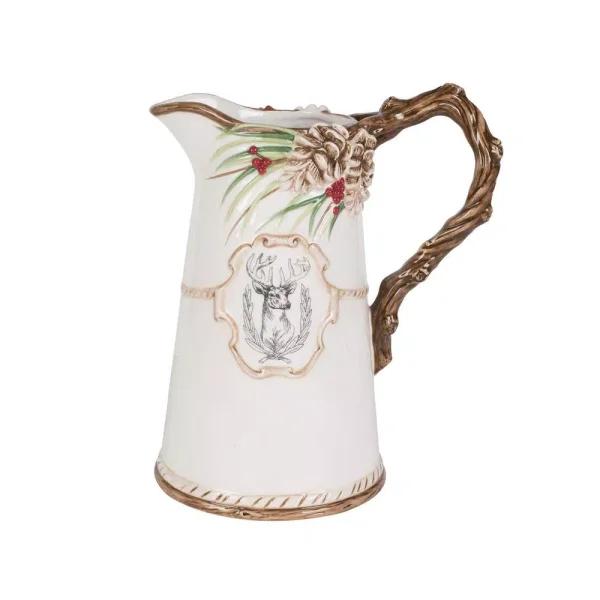 FITZ and FLOYD Forest Frost 90 oz. Earthenware Pitcher with Winter Foliage and Deer Decals